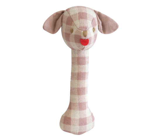 Puppy Stick Rattle Rose Check Linen