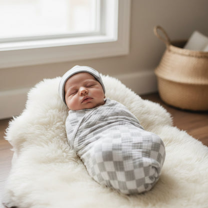 Muslin Swaddle Dove Grey Check
