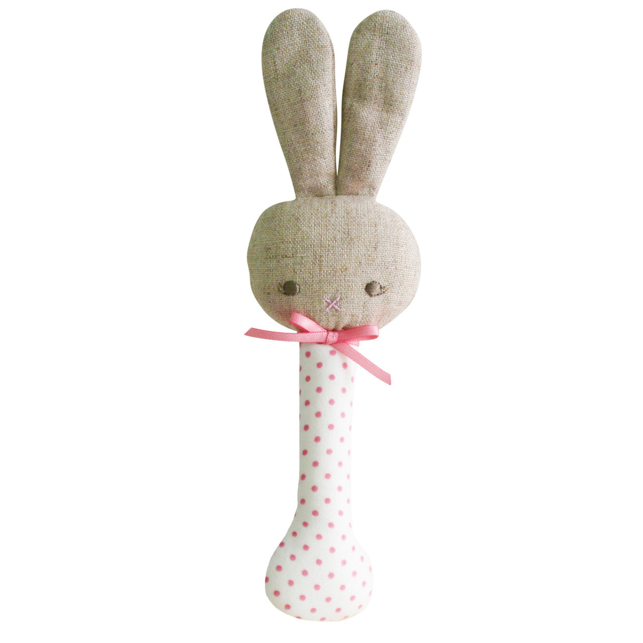 Baby Bunny Stick Rattle Spot Pink on Ivory